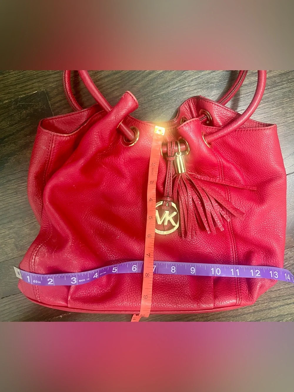 Michael Kors Red Pebbled Leather Drawstring Tassel Large Shoulder Bag